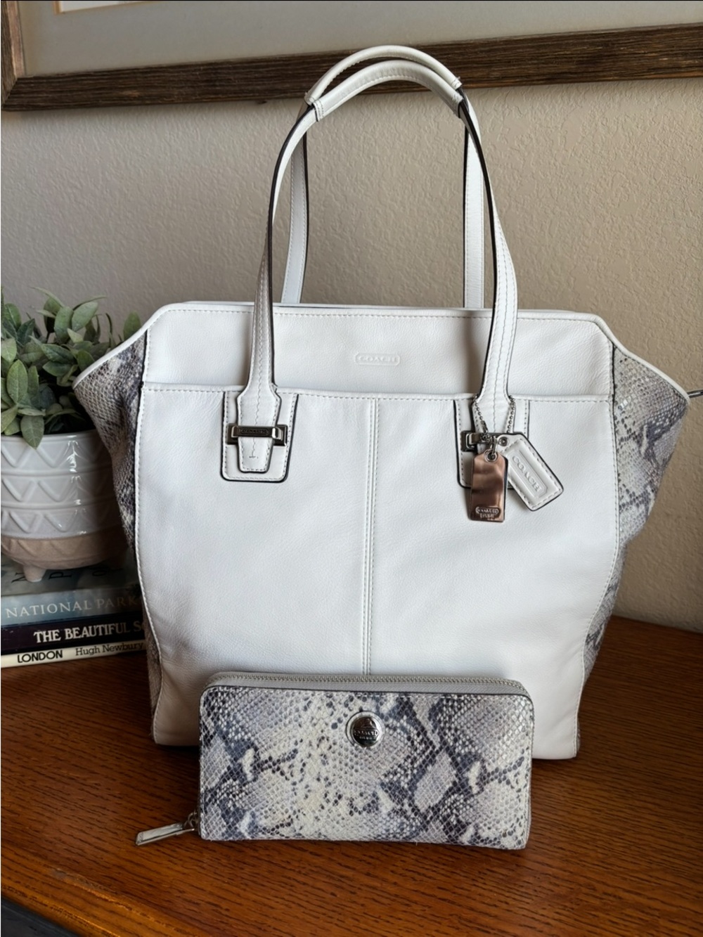 Coach White Leather Tote with Snake-Print Wallet and Trim